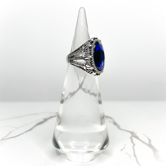✦ Men’s Chunky Tribal Blue Rhinestone Stainless Steel Statement Claw Ring - Picture 4 of 5